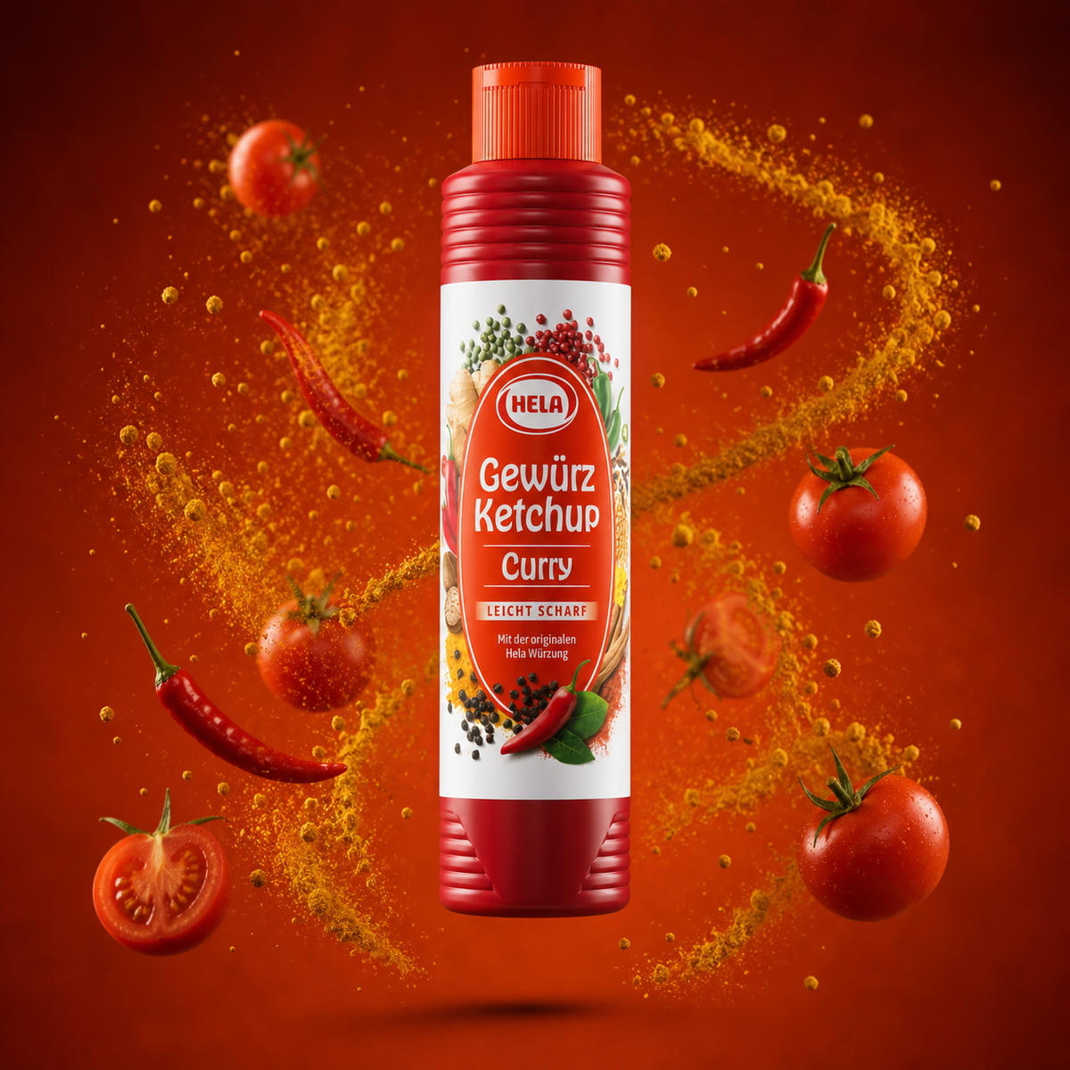 Hela Gewürz Ketchup Curry Leicht Scharf Slightly Hot 800ml with floating ingredients
