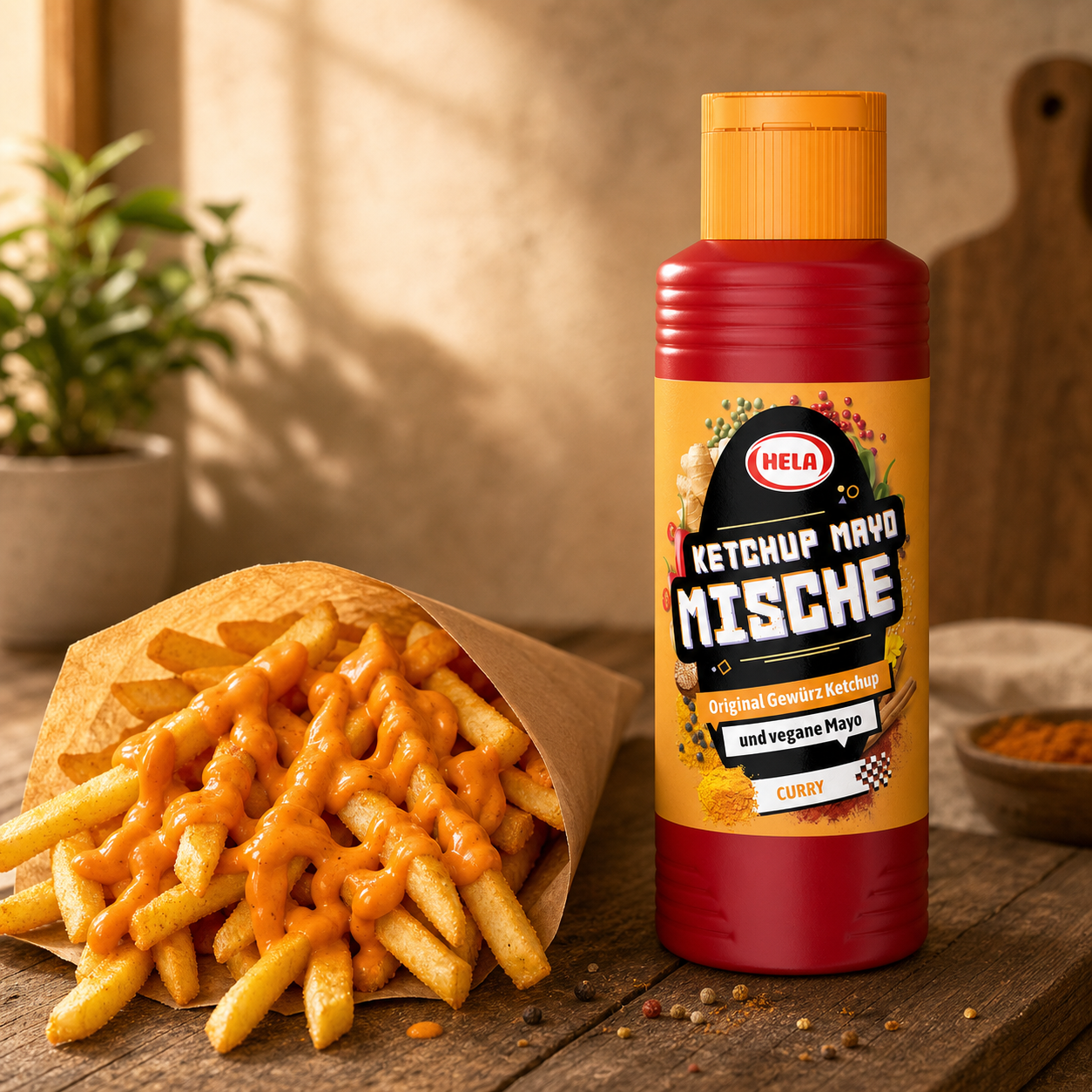 Hela Ketchup Mayo Mix Curry 300ml serving suggestion
