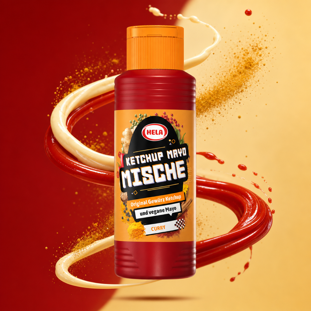 Hela Ketchup Mayo Mix Curry 300ml with floating ingredients