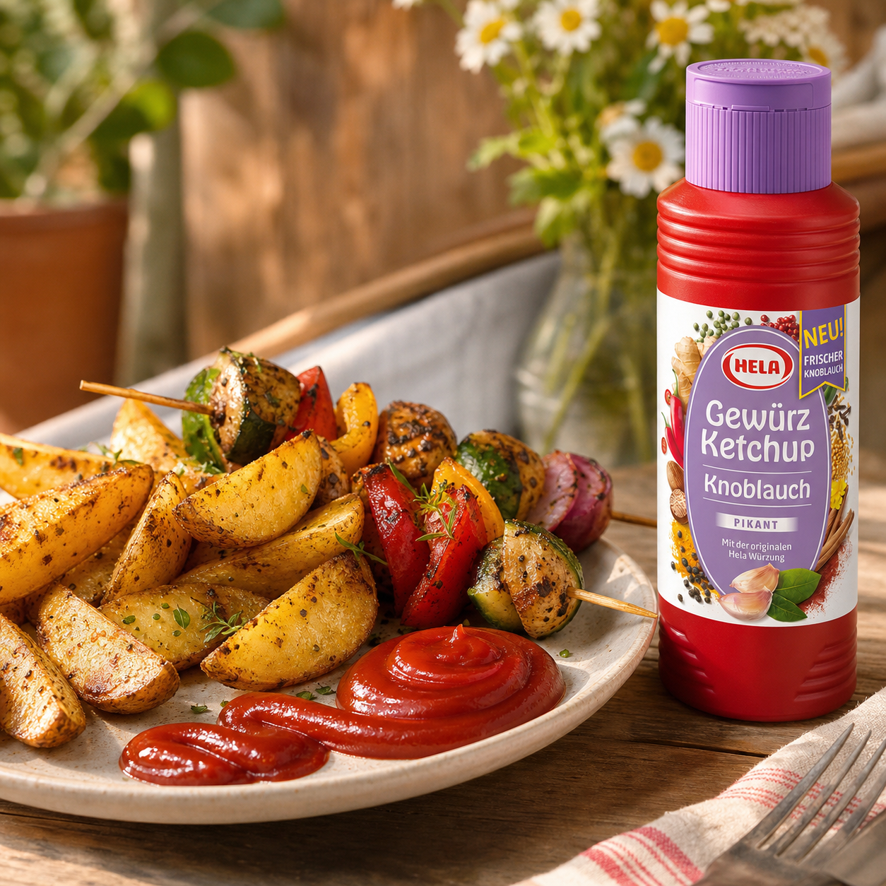 Hela Gewuerz Ketchup Knoblauch German garlic ketchup 300ml, served, with the pack beside it