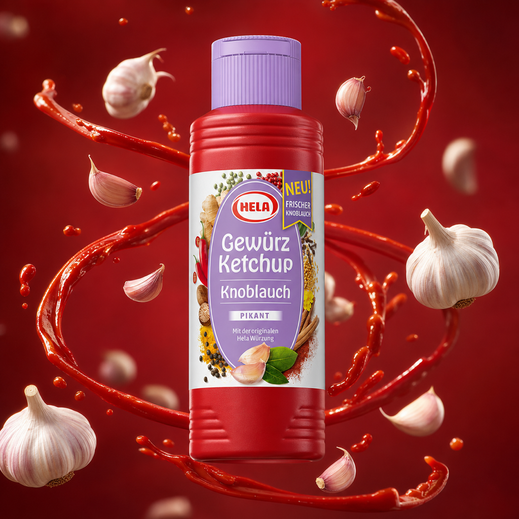 Hela Gewuerz Ketchup Knoblauch 300ml with floating ingredients