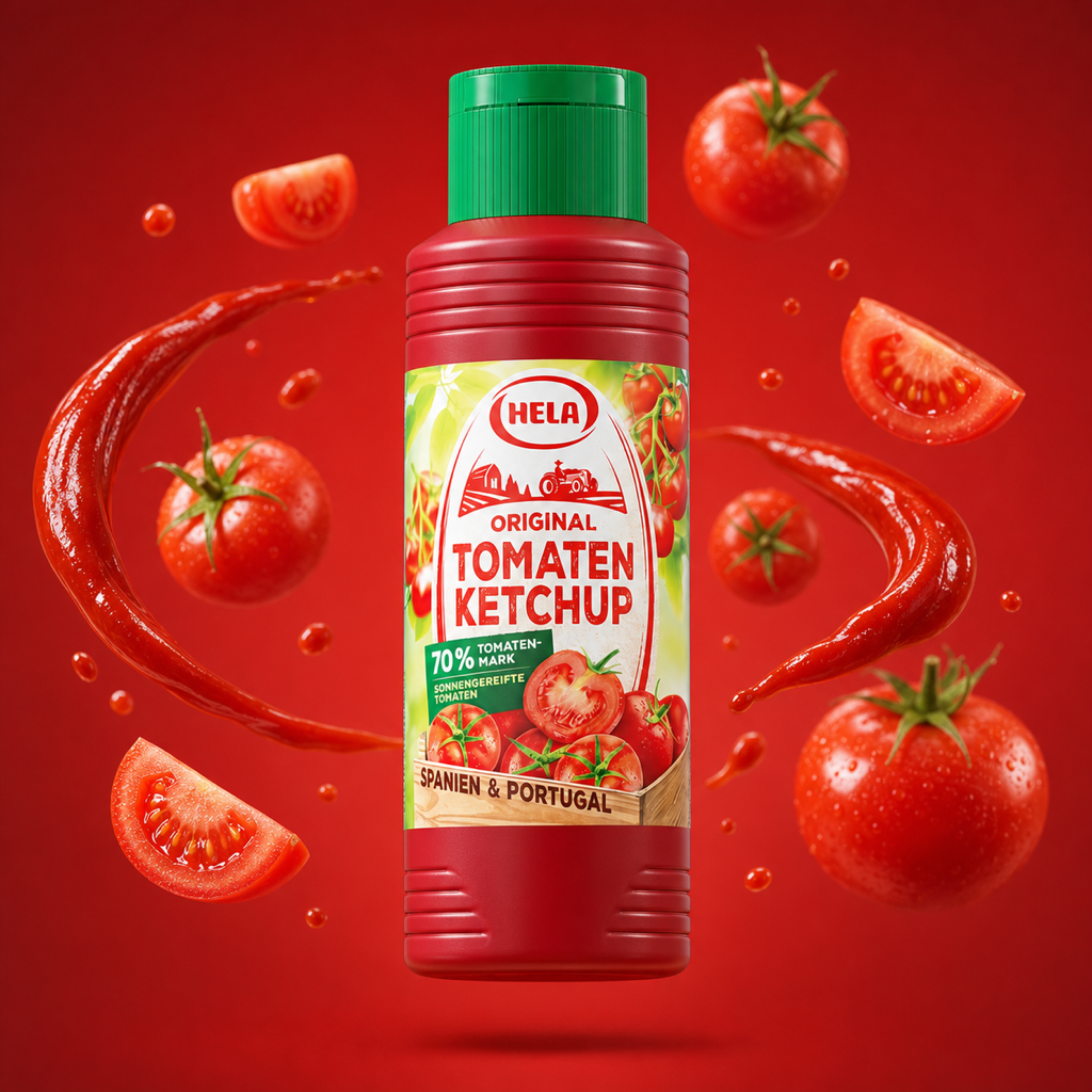 Hela Original Tomato Ketchup 300ml with floating ingredients