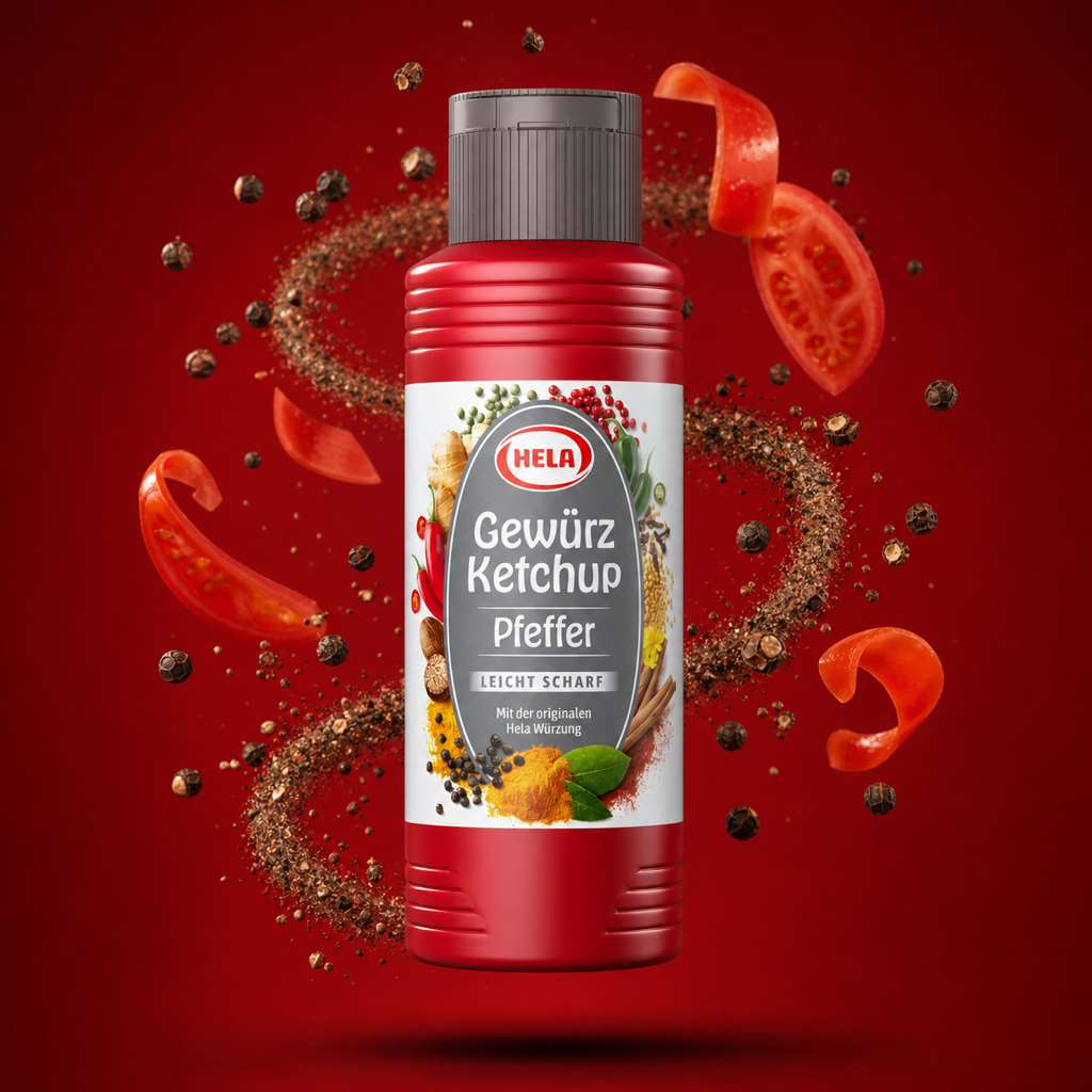 Hela Pepper Spice Ketchup 300ml with floating ingredients