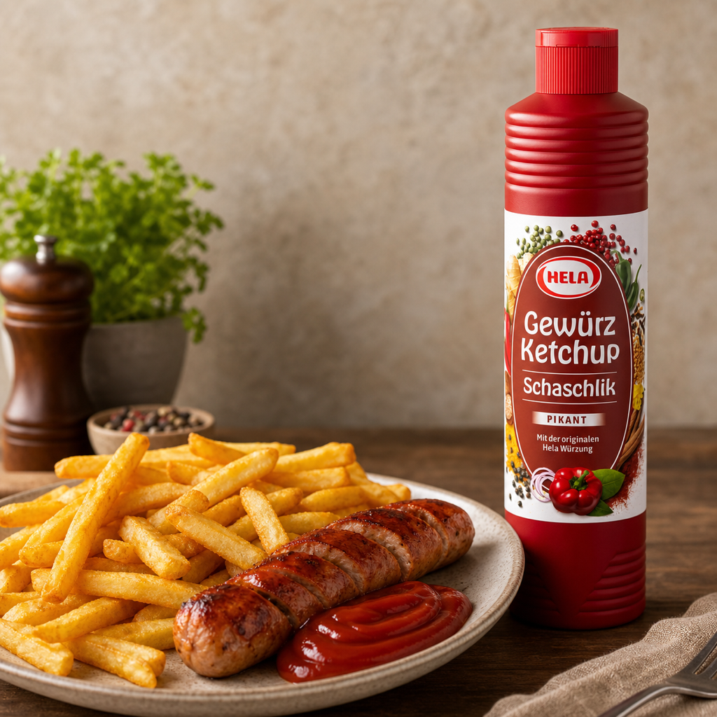 Hela Gewürz Ketchup Schaschlik Pikant Spicy 800ml serving suggestion