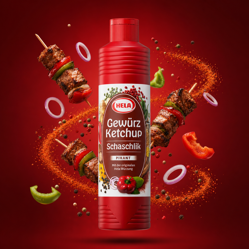 Hela Gewürz Ketchup Schaschlik Pikant Spicy 800ml with floating ingredients