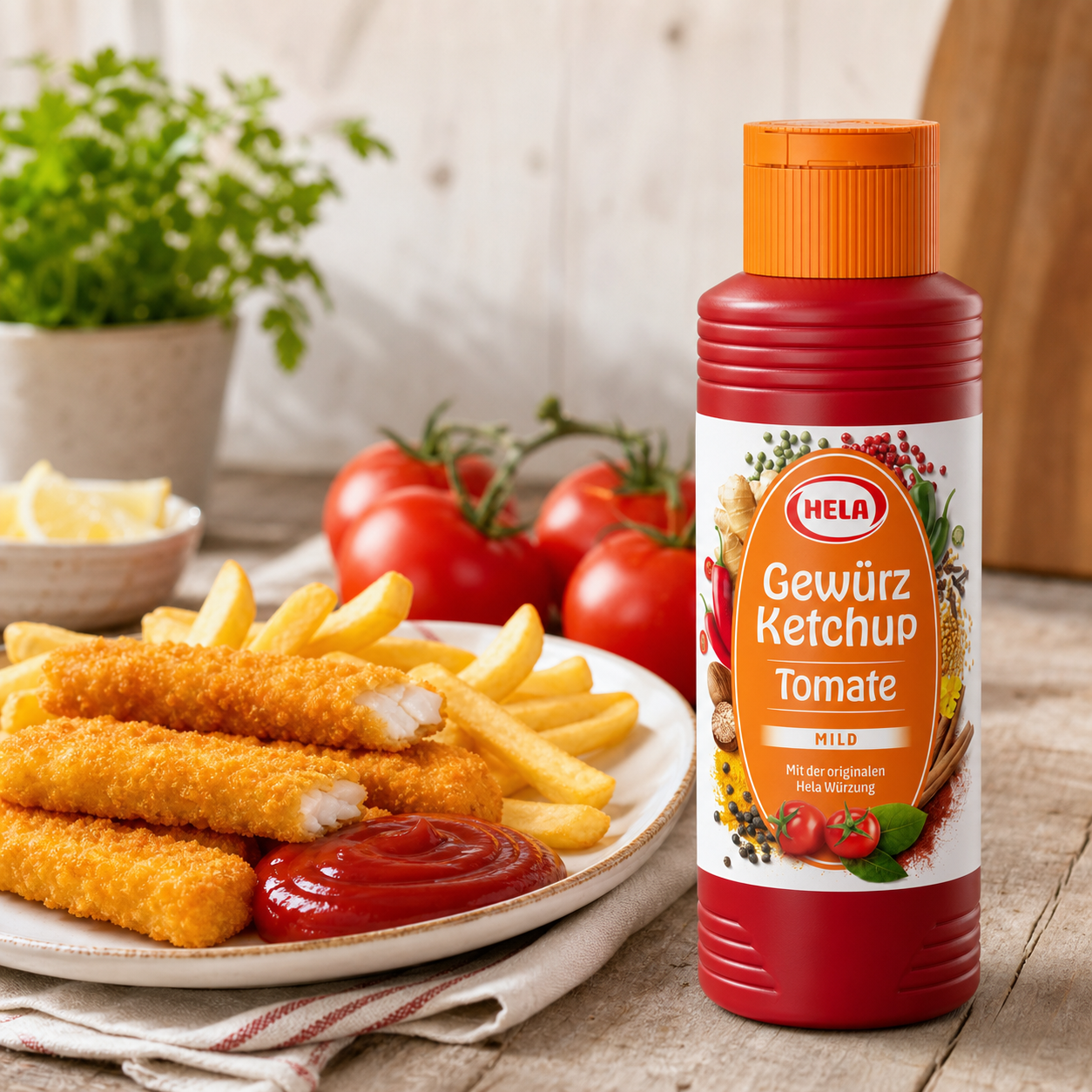 Hela Tomato Spice Ketchup Mild 300ml serving suggestion