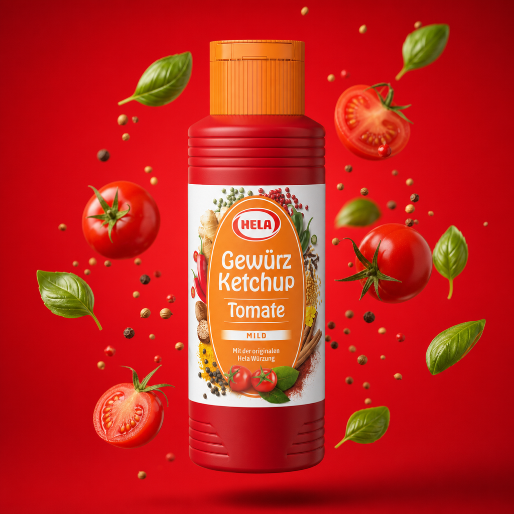 Hela Tomato Spice Ketchup Mild 300ml with floating ingredients