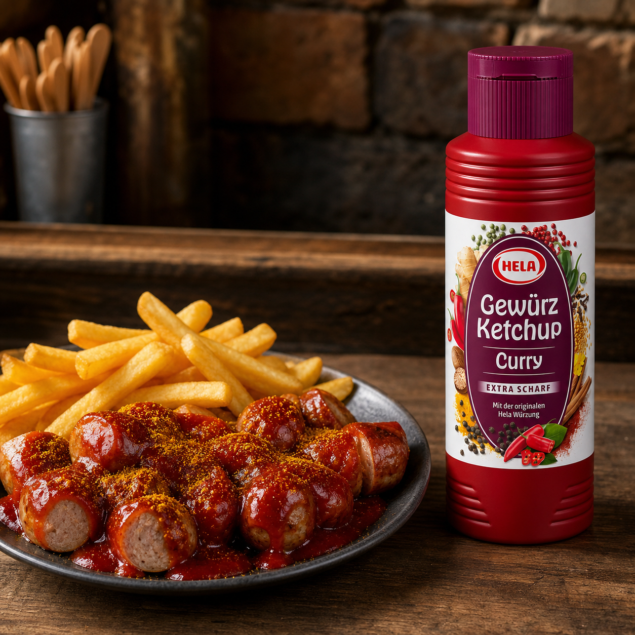 Hela Curry Ketchup Extra Hot 300ml serving suggestion