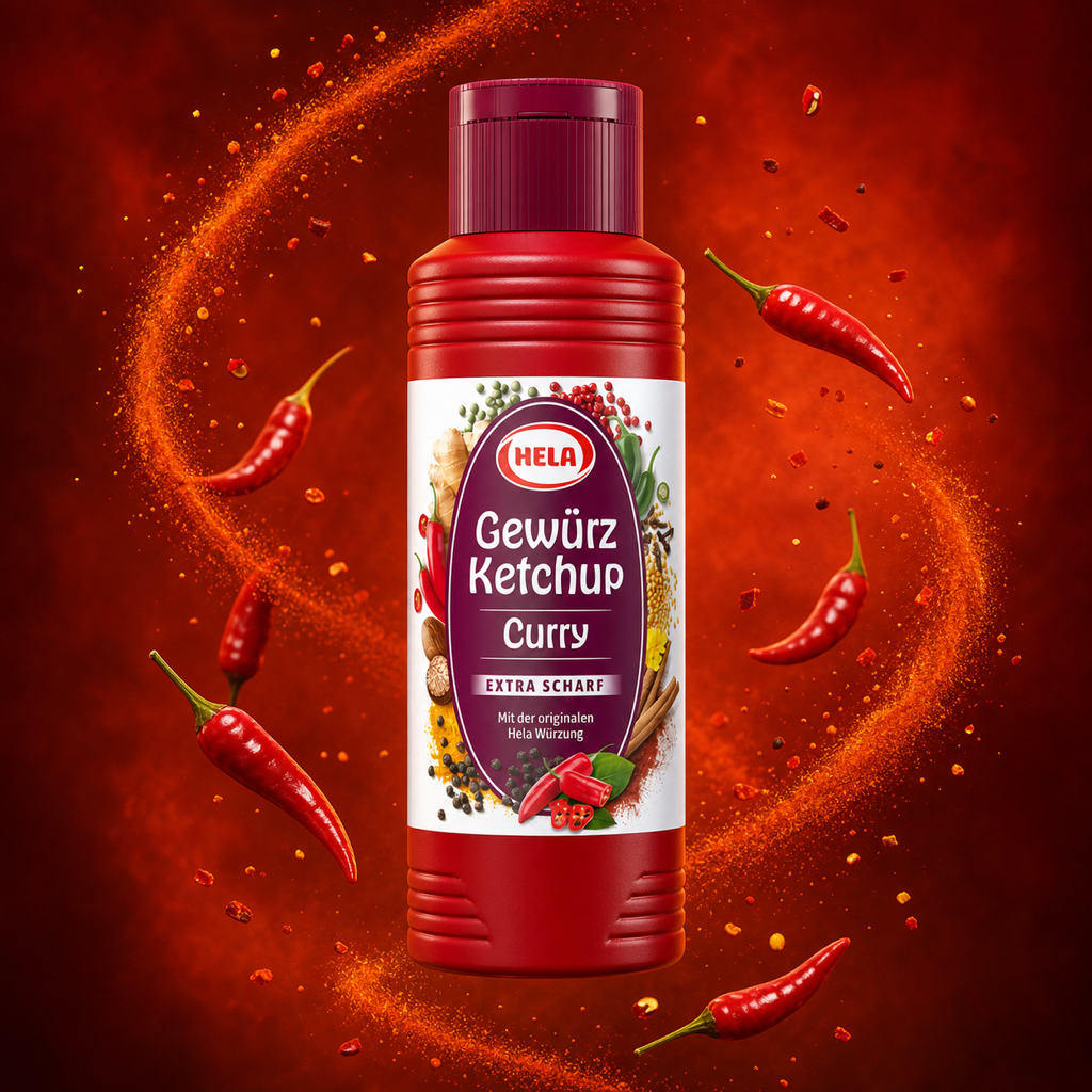 Hela Curry Ketchup Extra Hot 300ml with floating ingredients