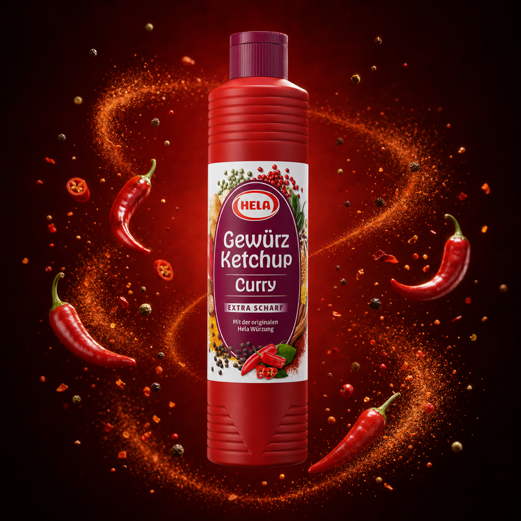 Hela Gewürz Ketchup Extra Scharf Hot 800ml with floating ingredients