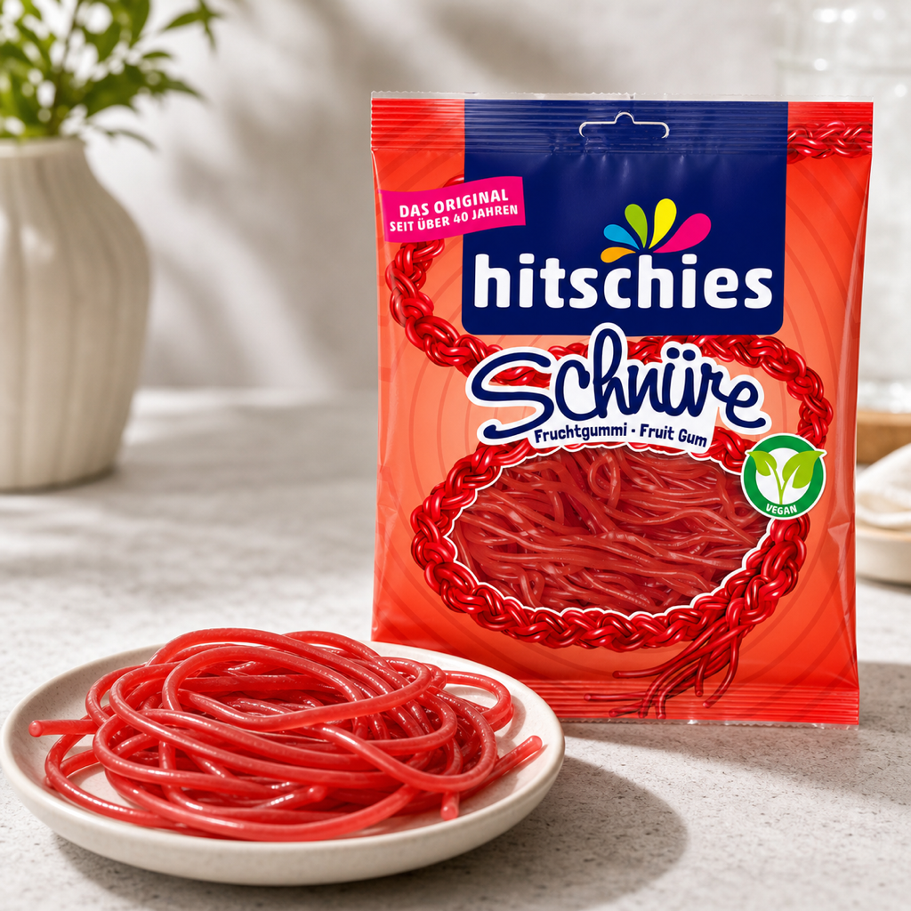 Hitschies Schnüre Erdbeere Strawberry Strings 125g serving suggestion
