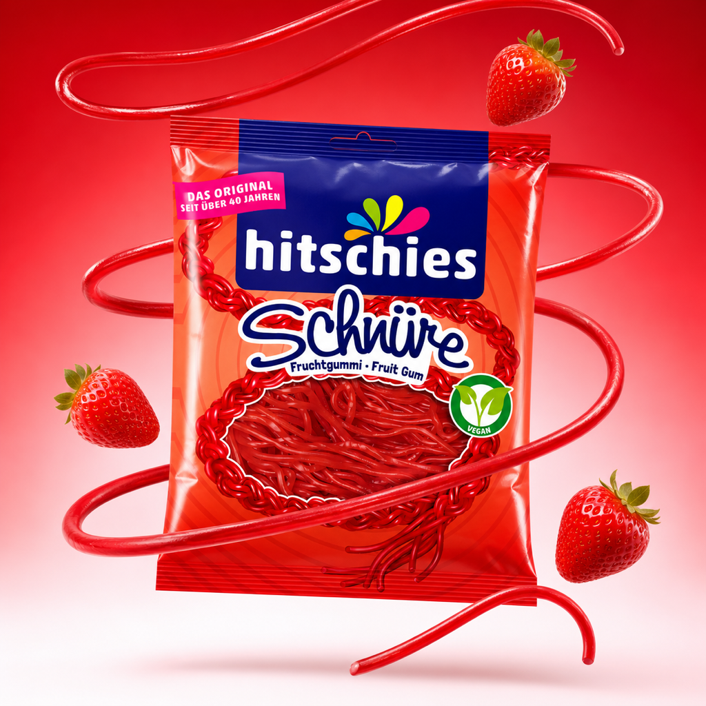 Hitschies Schnüre Erdbeere Strawberry Strings 125g with floating ingredients