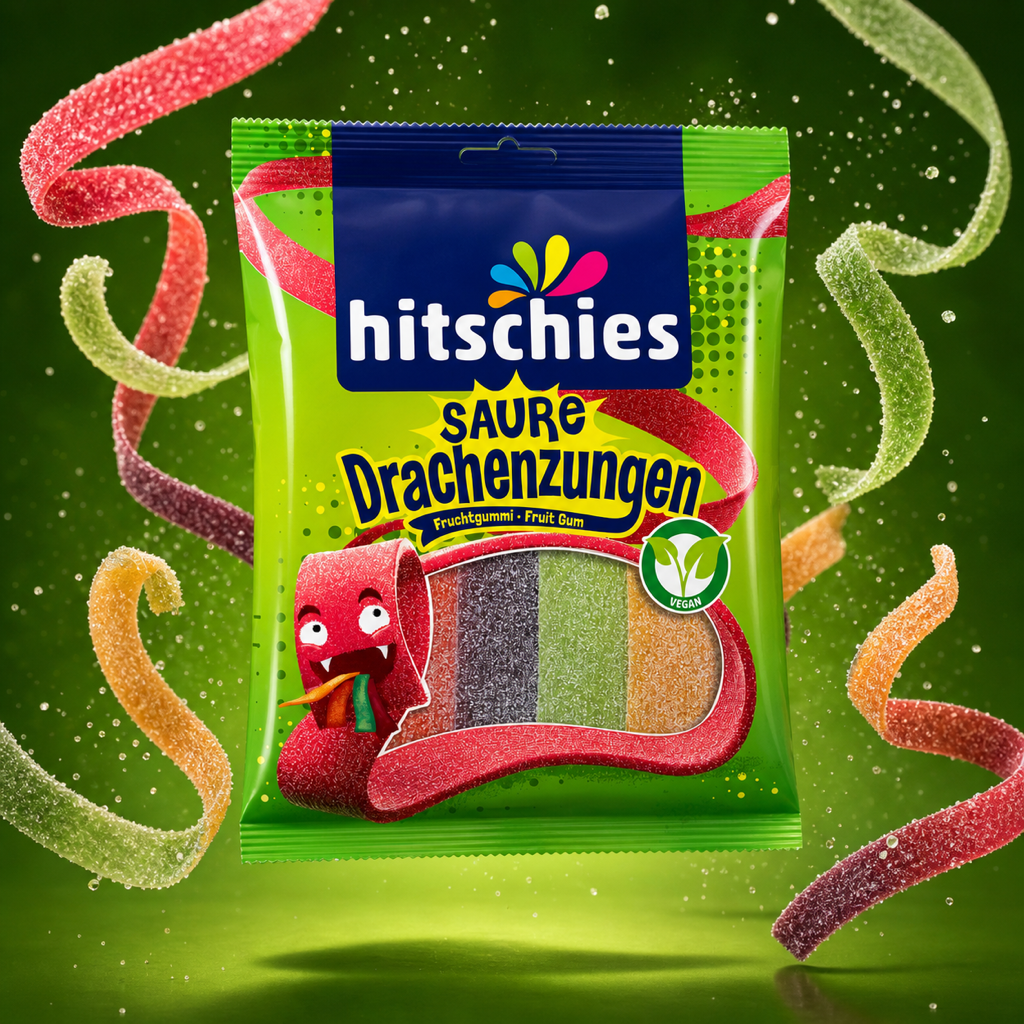 Hitschies Saure Drachenzungen Sour Dragon Tongues 125g with floating ingredients
