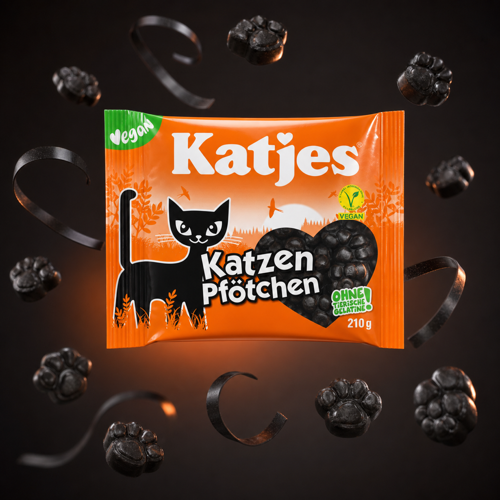 Katjes Katzen Pfötchen Vegan Liquorice 210g with floating ingredients