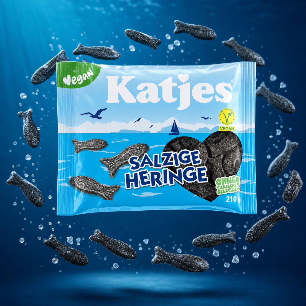 Katjes Salzige Heringe Salty Liquorice 210g with floating ingredients