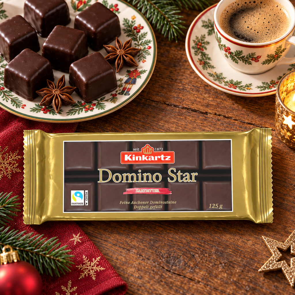 Kinkartz Domino Star Zartbitter Dark Chocolate Dominosteine Layered Gingerbread Cubes | 125G serving suggestion