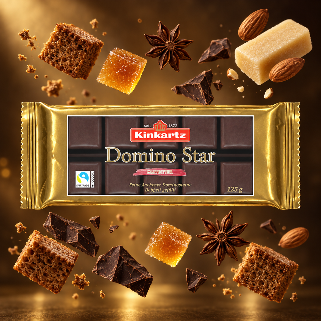 Kinkartz Domino Star Zartbitter Dark Chocolate Dominosteine Layered Gingerbread Cubes | 125G with floating ingredients