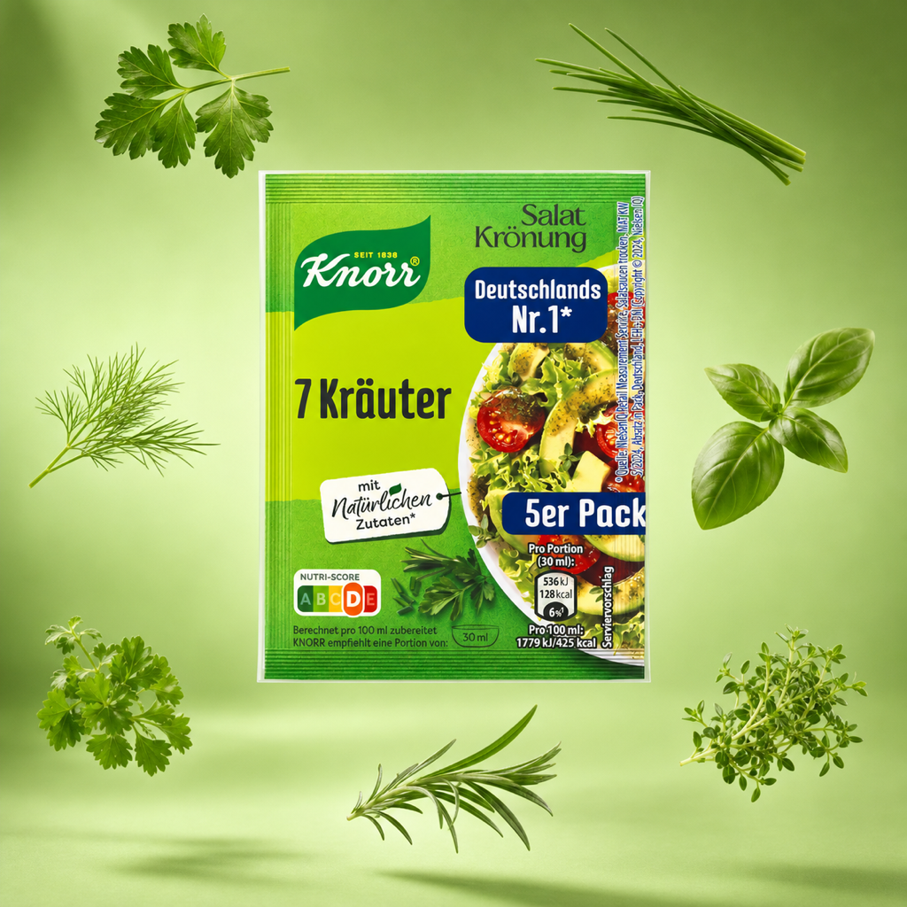 Knorr Salatkrönung 7 Kräuter Herbs 5x 8g with floating ingredients