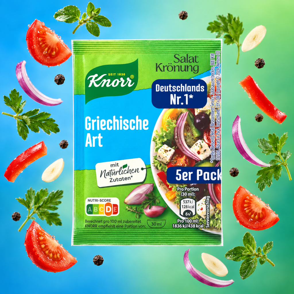 Knorr Salatkrönung Griechische Art Greek Style Spice Mix 5x 9g with floating ingredients