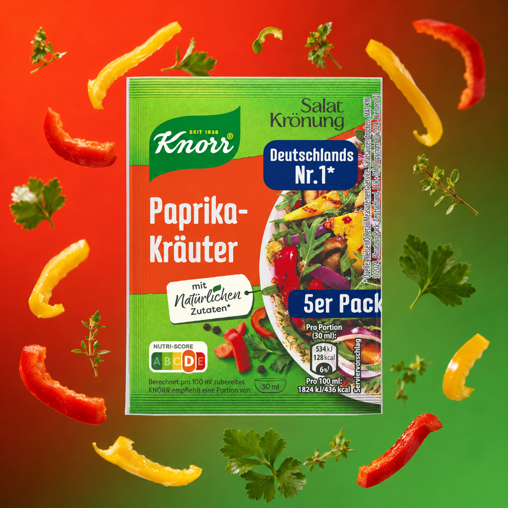Knorr Salatkrönung Paprika Kräuter 5x 9g with floating ingredients