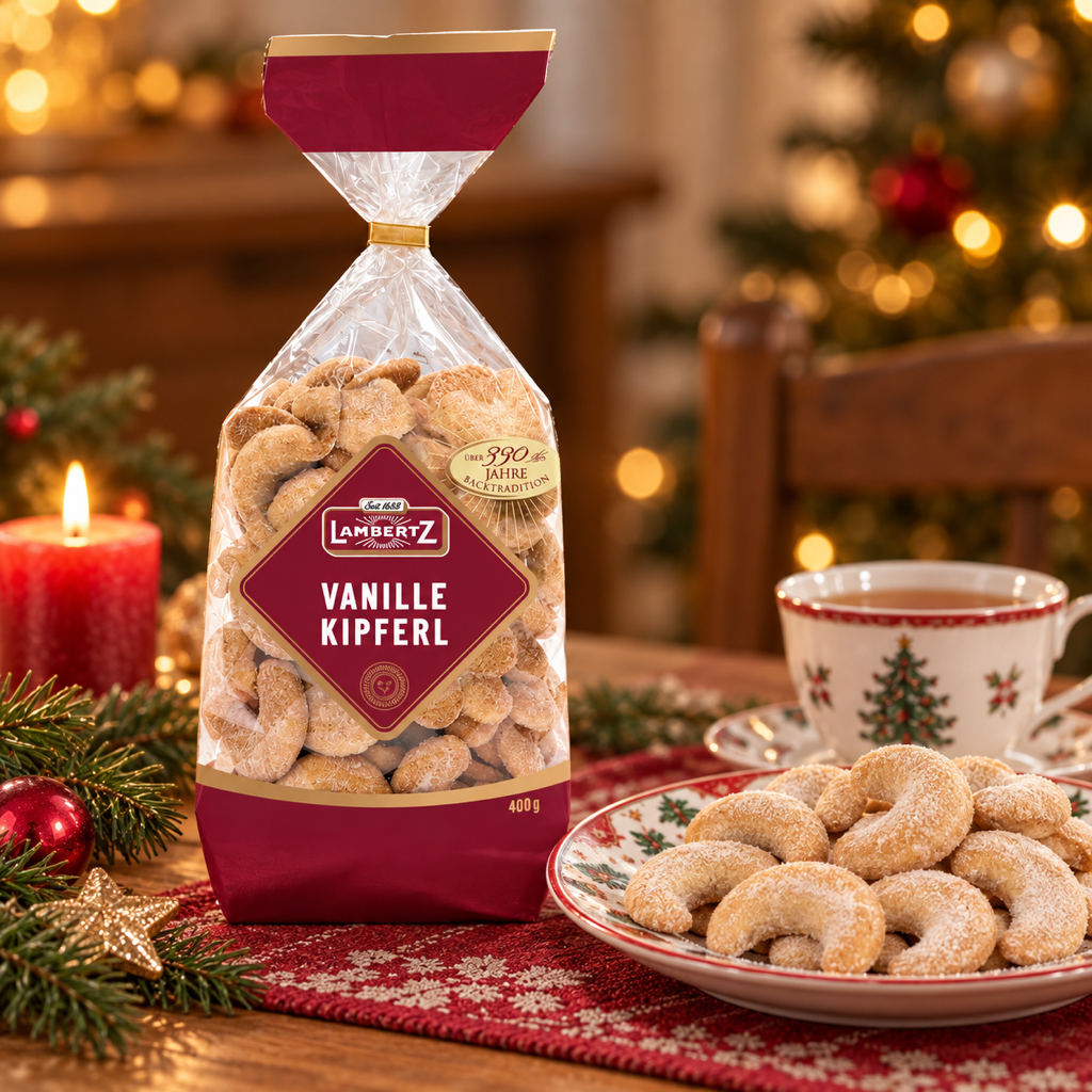 Lambertz Vanille-Kipferl Vanilla Crescent Shortbread Biscuits | 400G serving suggestion