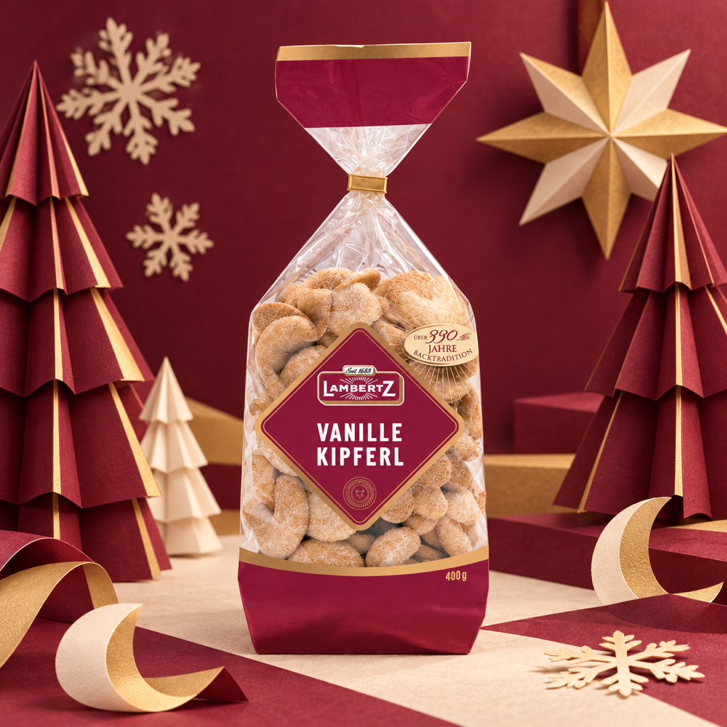 Lambertz Vanille-Kipferl Vanilla Crescent Shortbread Biscuits | 400G paper art scene