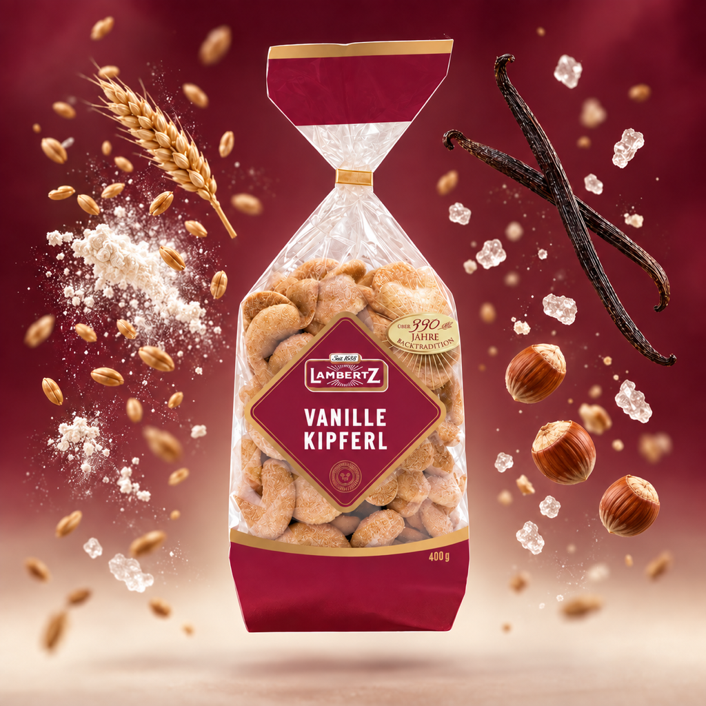 Lambertz Vanille-Kipferl Vanilla Crescent Shortbread Biscuits | 400G with floating ingredients