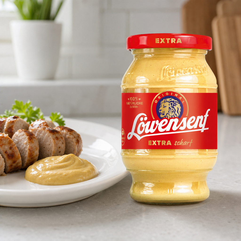 Löwensenf Extra - Extra Hot Mustard 250ml serving suggestion