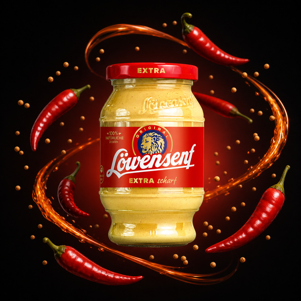 Löwensenf Extra - Extra Hot Mustard 250ml with floating ingredients