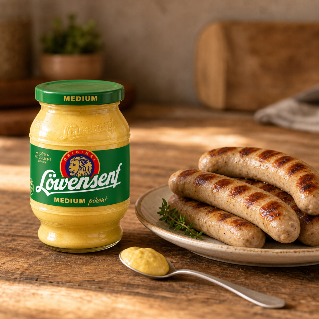 Löwensenf Medium German Mustard | 250ML serving suggestion