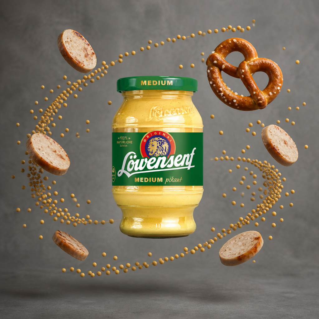 Löwensenf Medium German Mustard | 250ML with floating ingredients