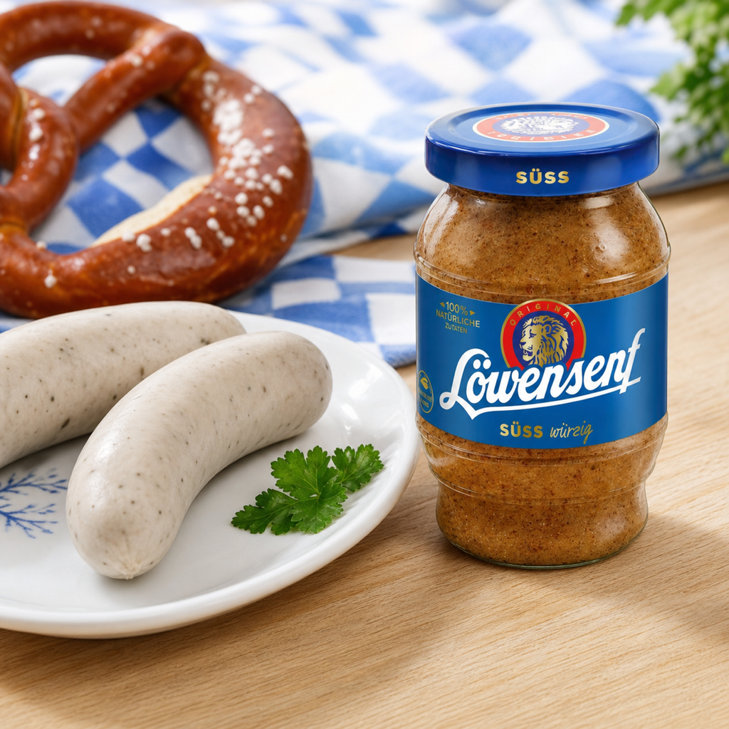 Löwensenf Süß Sweet Bavarian Style Mustard | 250ML serving suggestion