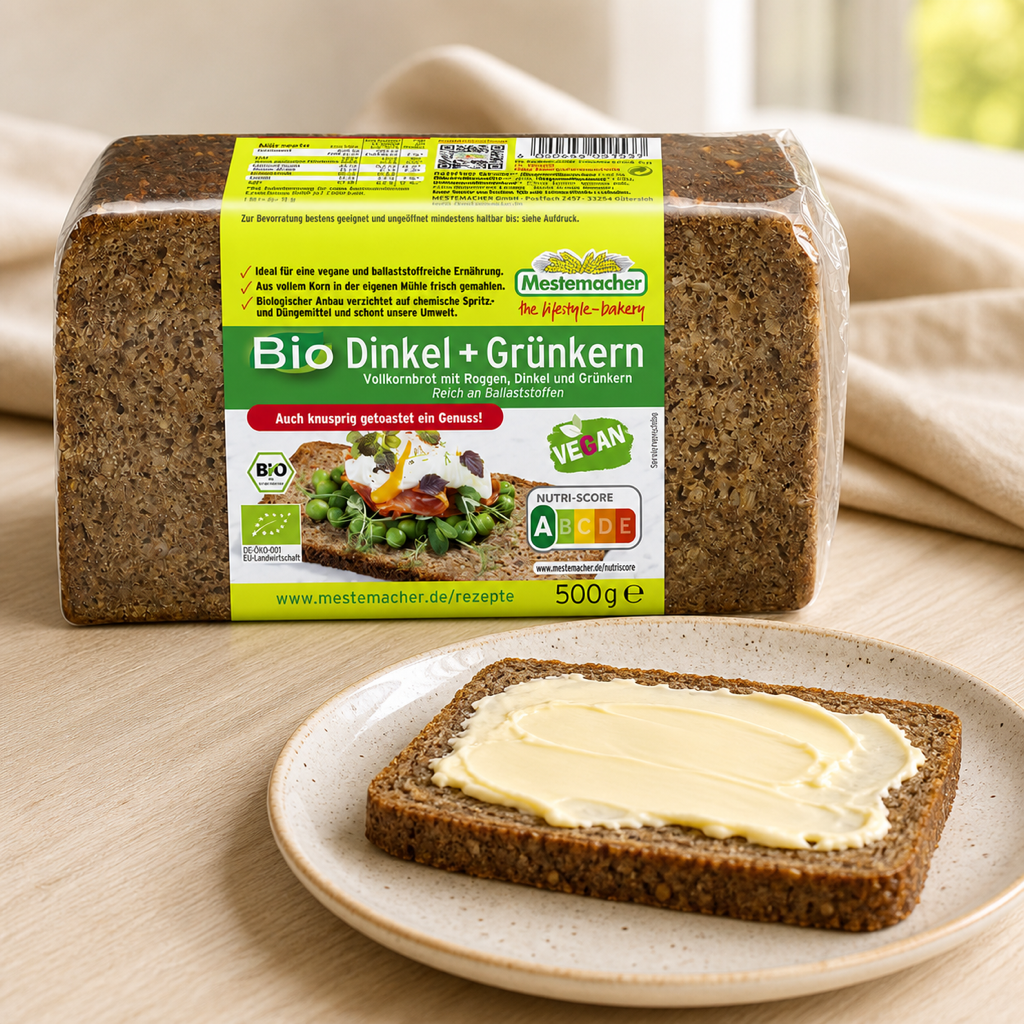 Mestemacher Bio Dinkel und Gruenkernbrot 500g serving suggestion