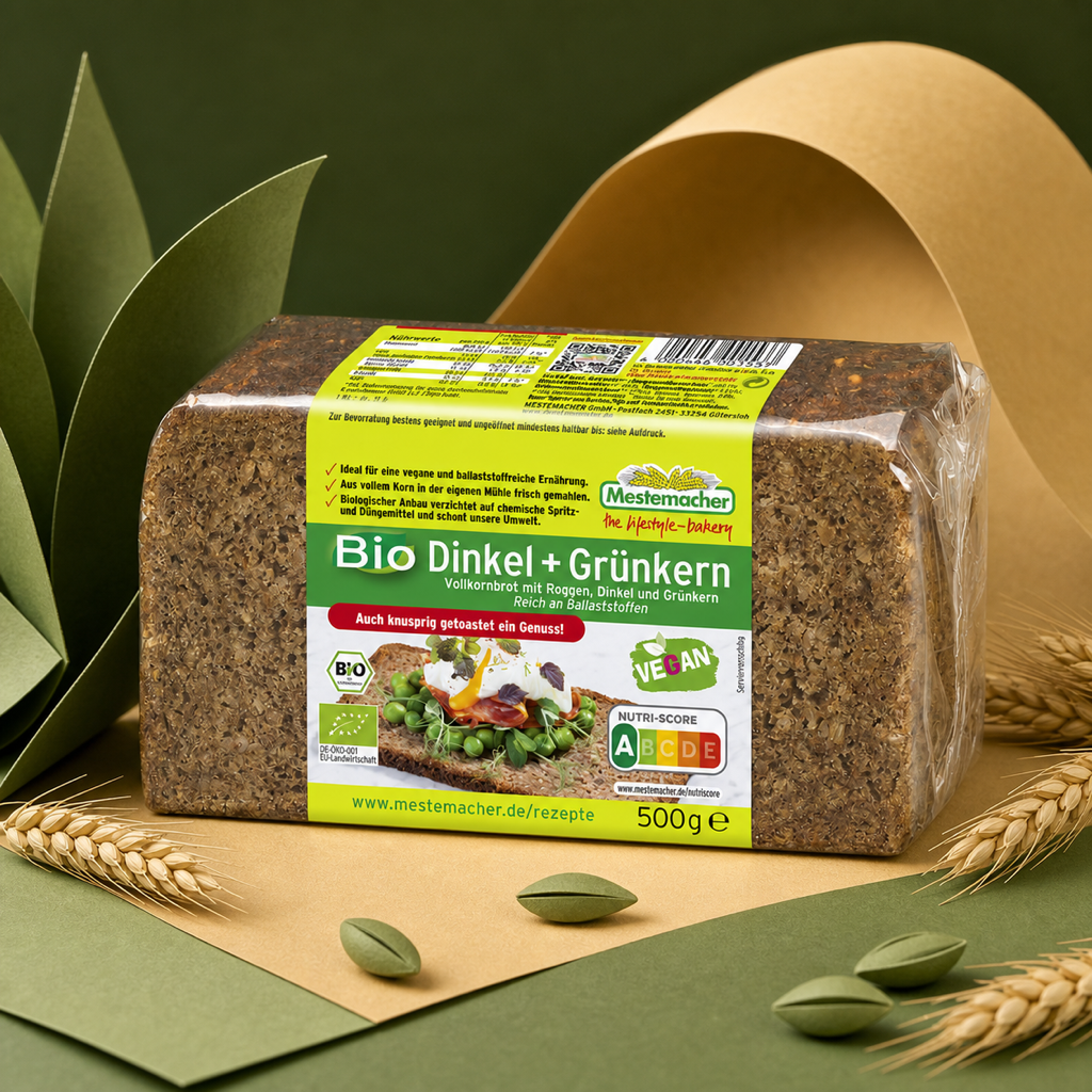 Mestemacher Bio Dinkel und Gruenkernbrot 500g paper art scene