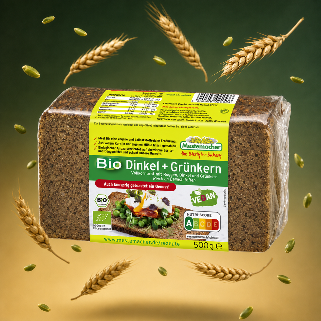 Mestemacher Bio Dinkel und Gruenkernbrot 500g with floating ingredients