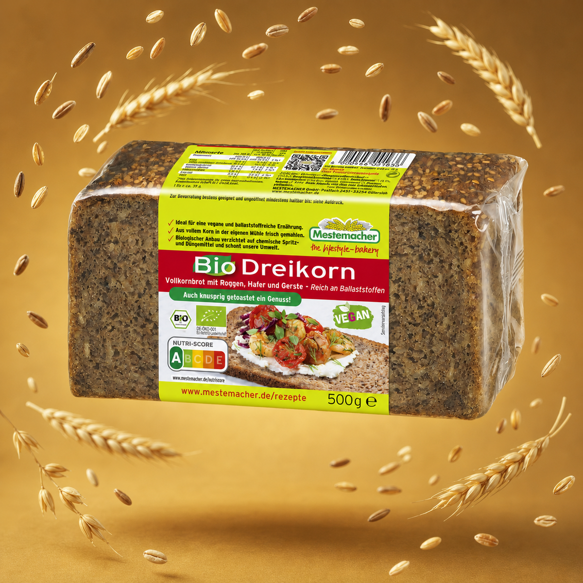 Mestemacher Bio Dreikornbrot 500g with floating ingredients