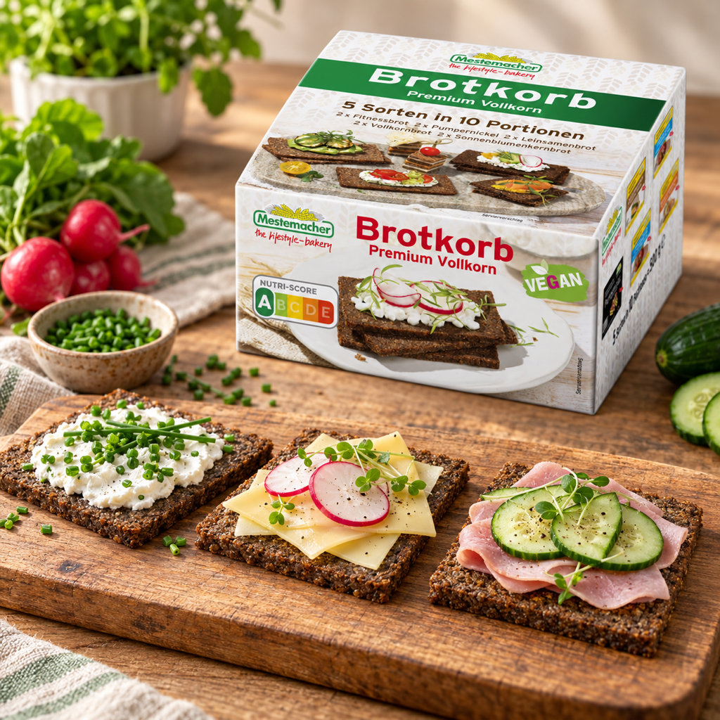 Mestemacher Premium Vollkorn Brotkorb 5 Wholemeal Rye Breads 500g serving suggestion