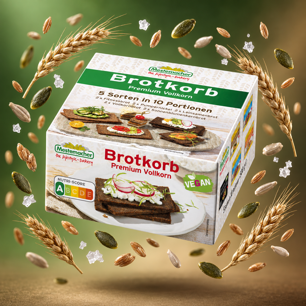 Mestemacher Premium Vollkorn Brotkorb 5 Wholemeal Rye Breads 500g with floating ingredients