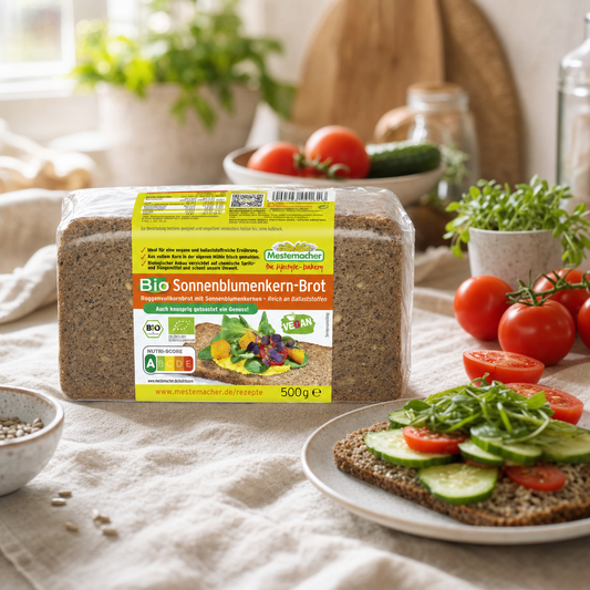 Mestemacher organic sunflower seed rye bread 500g, in an everyday kitchen scene