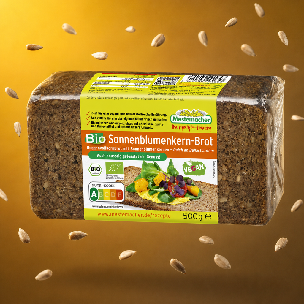 Mestemacher Bio Sonnenblumenkernbrot 500g with floating ingredients