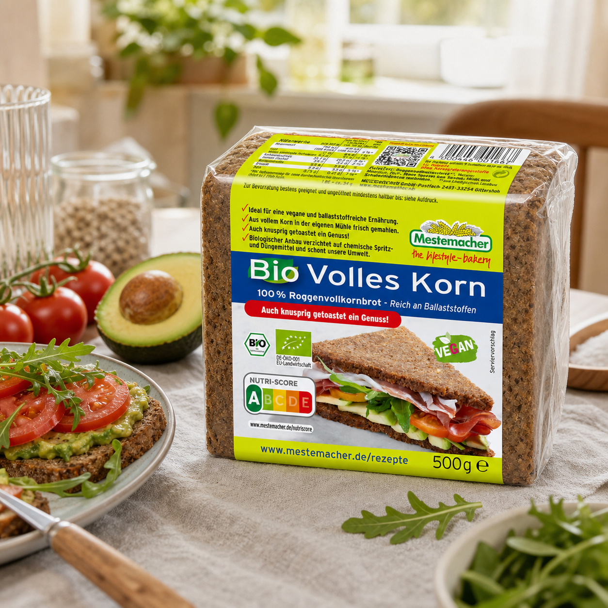 Mestemacher organic wholegrain rye bread 500g, in an everyday kitchen scene