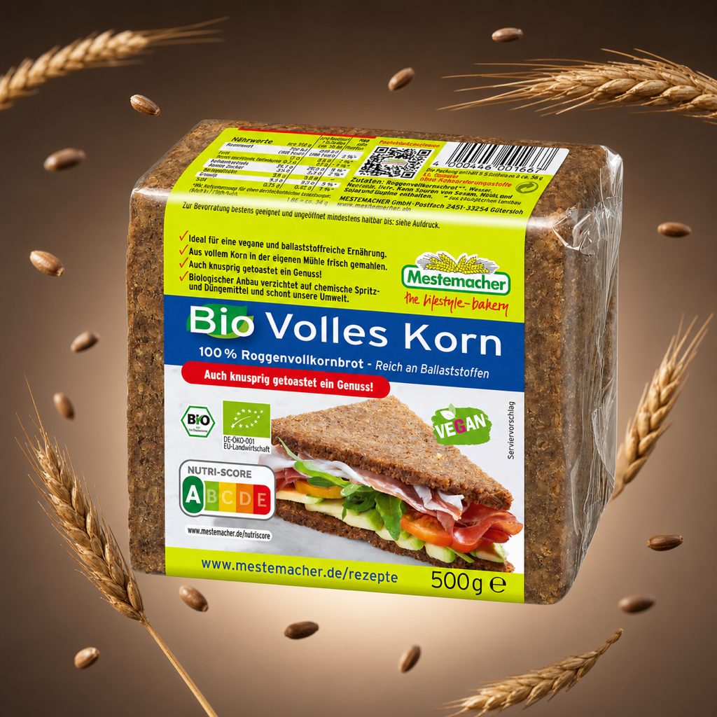 Mestemacher Bio Volles Korn 500g with floating ingredients