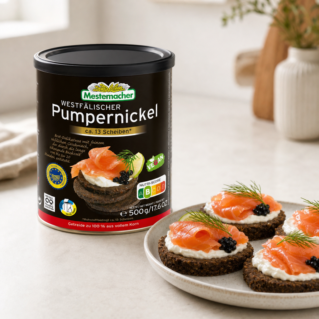 Mestemacher Westfälischer Pumpernickel Rye Bread Tin | 500G serving suggestion