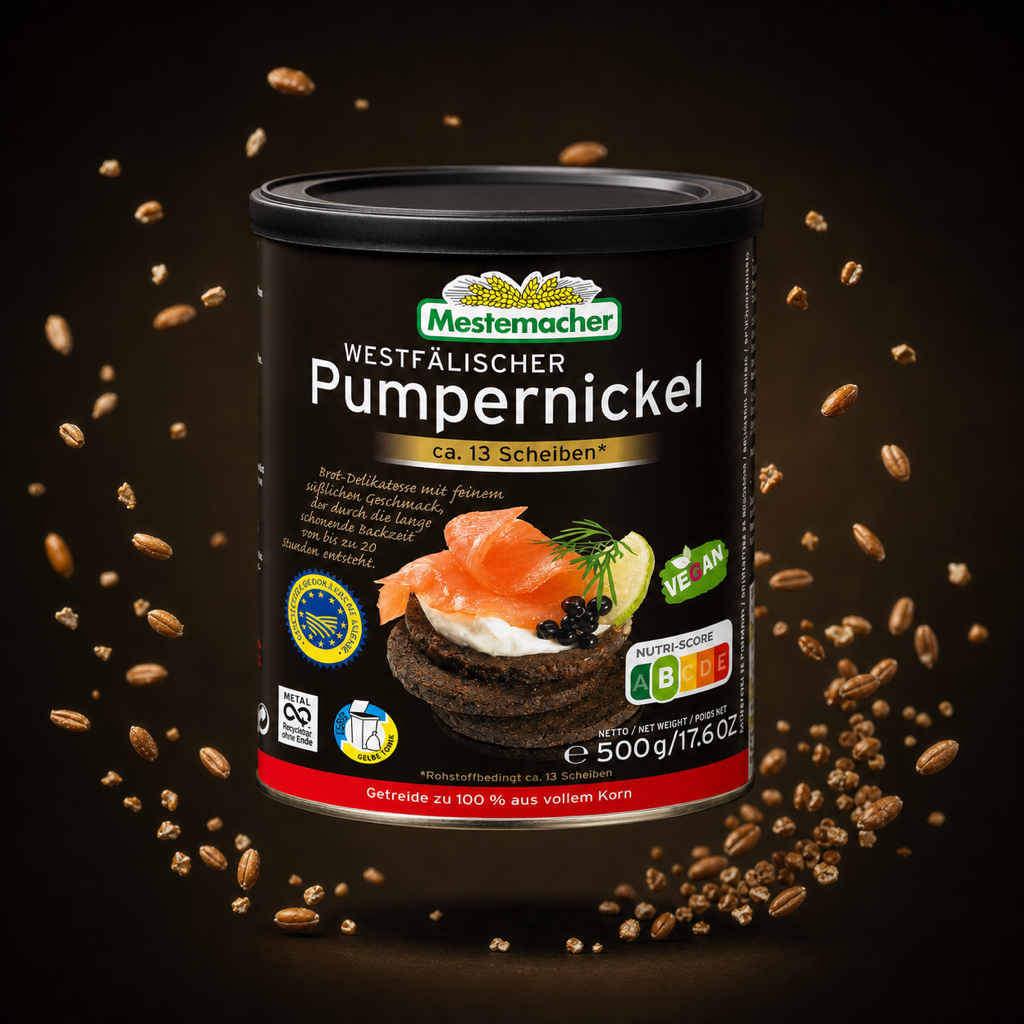 Mestemacher Westfälischer Pumpernickel Rye Bread Tin | 500G with floating ingredients
