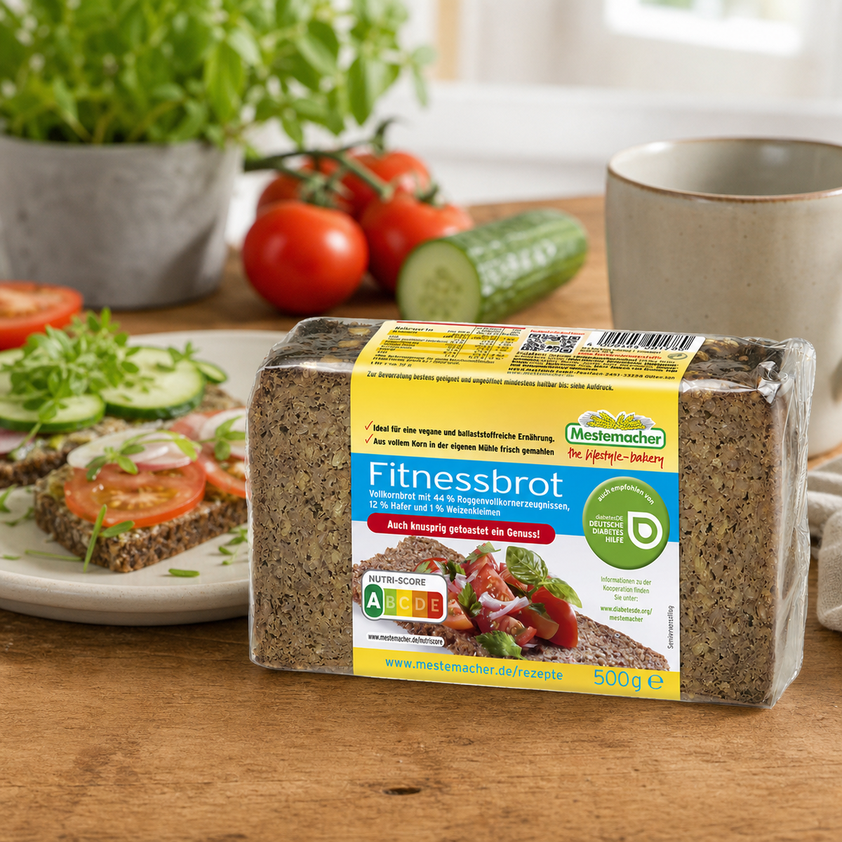 Mestemacher Fitnessbrot German wholegrain rye and oat bread 500g, in an everyday kitchen scene