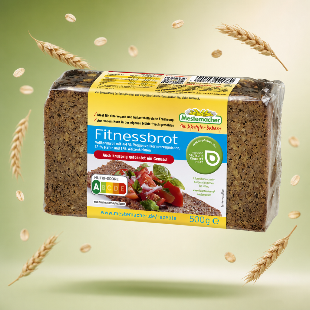 Mestemacher Fitnessbrot 500g with floating ingredients