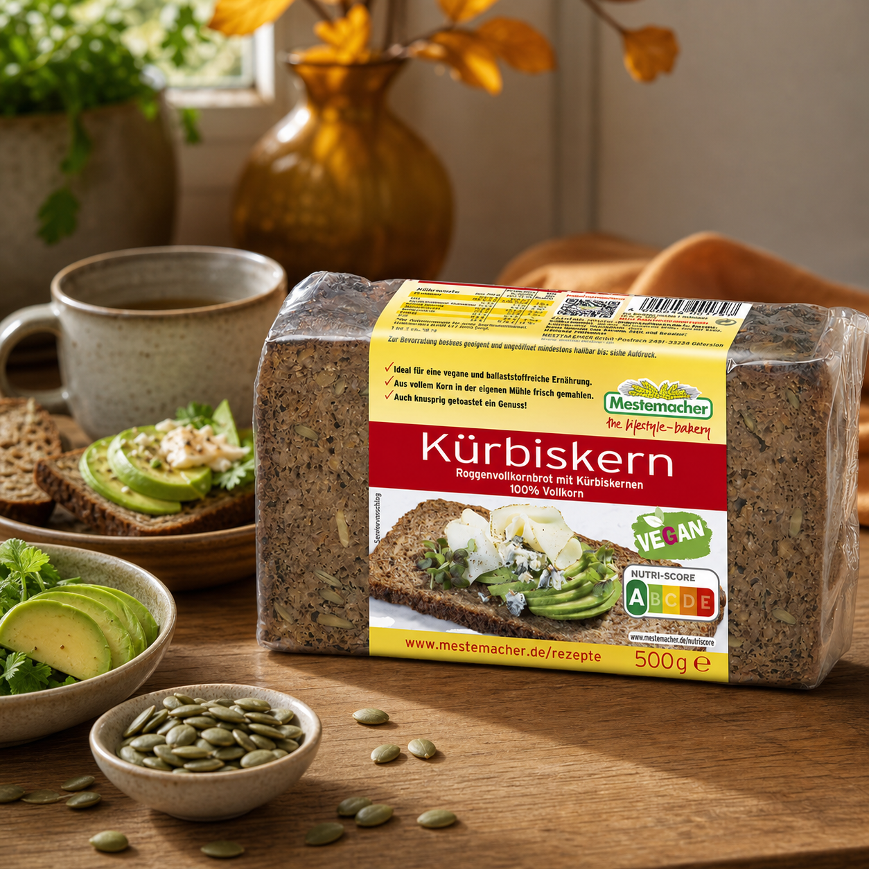 Mestemacher Kuerbiskern German pumpkin seed rye bread 500g, in an everyday kitchen scene