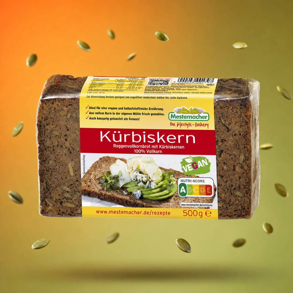 Mestemacher Kuerbiskernbrot 500g with floating ingredients