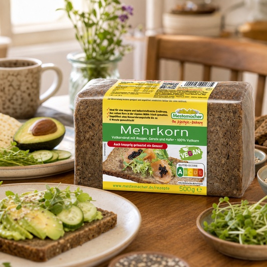 Mestemacher Mehrkorn German multigrain rye bread 500g, in an everyday kitchen scene