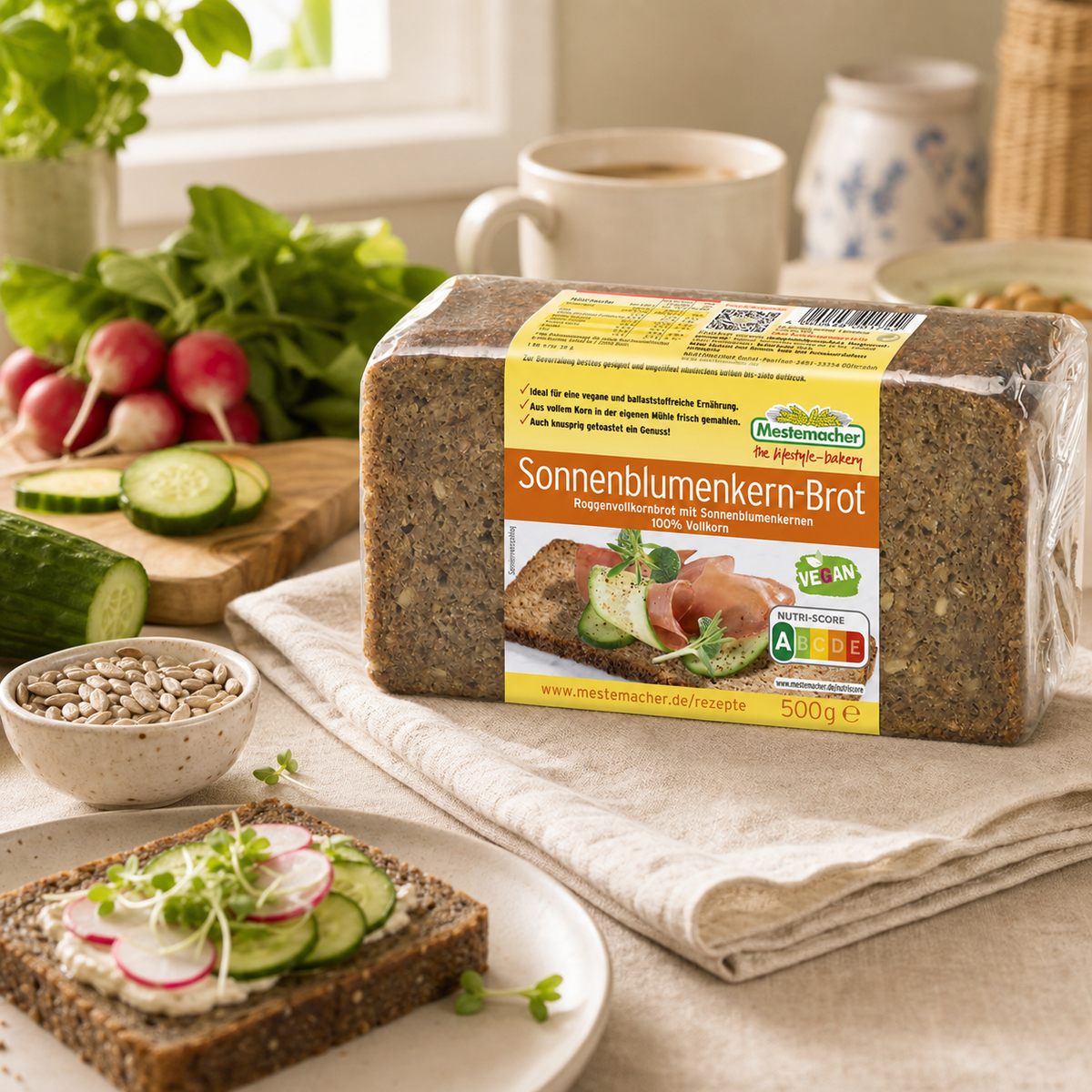 Mestemacher Sonnenblumenkern Brot German sunflower seed rye bread 500g, in an everyday kitchen scene
